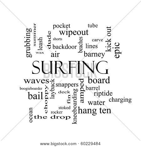 Surfing Word Cloud Concept In Black And White