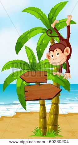 Illustration of a playful monkey at the beach with an arrowboard
