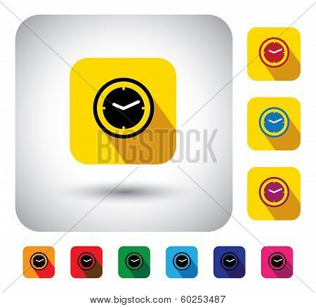 Flat Design Vector Icon - Button With Simple Clock Or Watch Signs