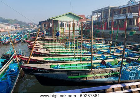 Wooden Tourist Boats On Inle Lake, Myanmar (burma)