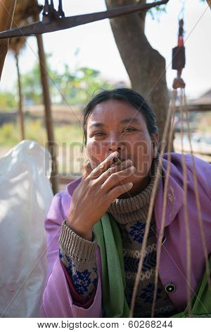 Burmese Market Woman Smoke Cheroot Cigar