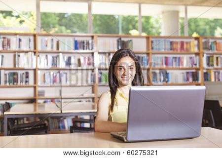 Female student working with laptop in a high school library
