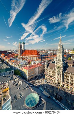 Aerial view of Munchen: Marienplatz, New Town Hall and Frauenkirche