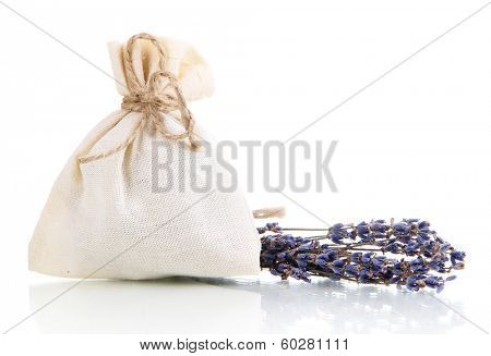 Textile sachet pouch with dried lavender flowers isolated on white