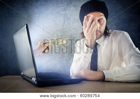 Online Money Funds, Surprised Businessman Receiving Cash Over Internet