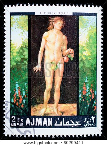 AJMAN - CIRCA 1976: stamp printed by Ajman, shows Adam by Durer, circa 1976 