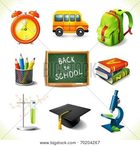 Realistic school education icons set