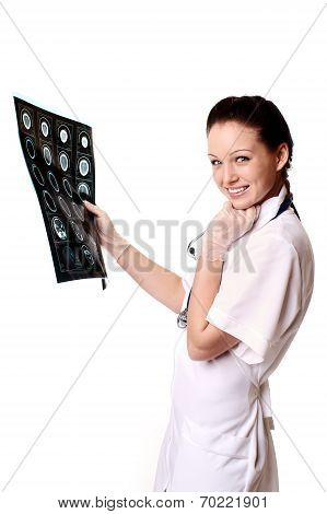 Woman Doctor With X-rays Of Brain