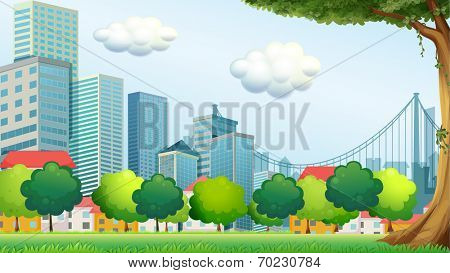 Illustration of the trees near the tall buildings