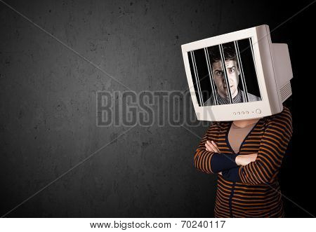 Business man with monitor screen on his head traped into a digital system concept