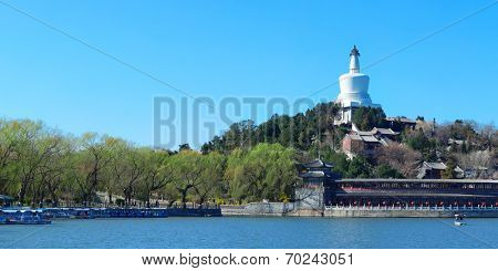 Beihai park panorama with historical architecture in Beijing