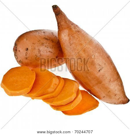 Sweet potatoes with slices isolated on white background