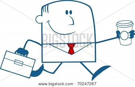 Lucky Businessman Running To Work With Briefcase And Coffee Monochrome