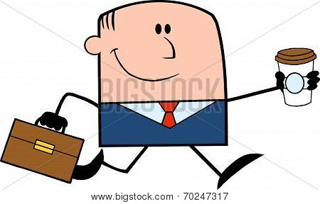 Lucky Businessman Running To Work With Briefcase And