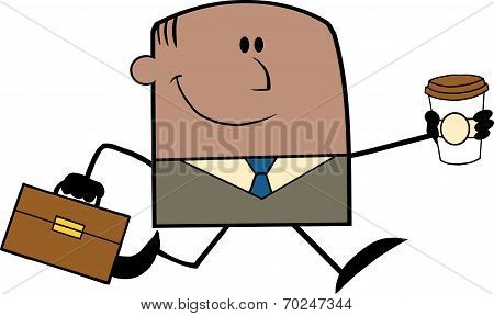 Lucky African American Businessman Running To Work With Briefcase And Coffee