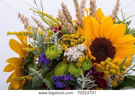 Close up of beautiful bouquets of flowers and herbs