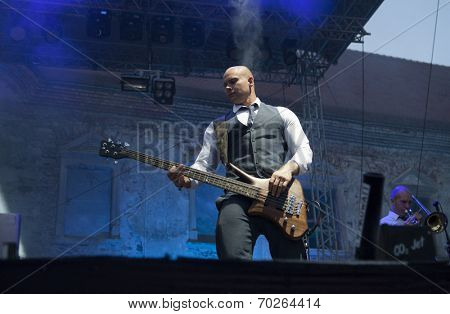 BONTIDA - JUNE 19: The London based Dub Pistols band performs live at Electric Castle Festival at June 19, 2014 in the Banffy castle in Bontida, Romania.