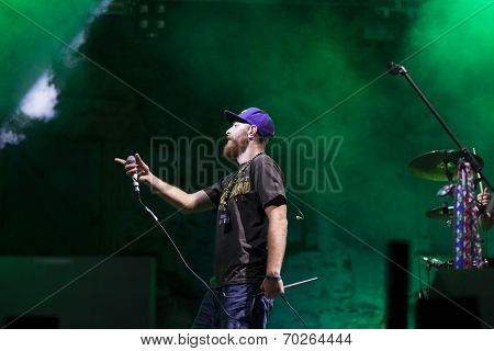 BONTIDA - JUNE 19: The London based Dub Pistols band performs live at Electric Castle Festival at June 19, 2014 in the Banffy castle in Bontida, Romania.