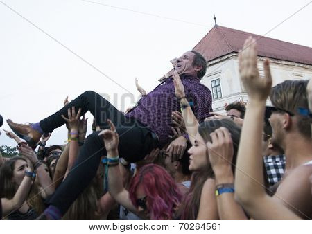 BONTIDA - JUNE 19: The London based Dub Pistols band performs live at Electric Castle Festival at June 19, 2014 in the Banffy castle in Bontida, Romania.