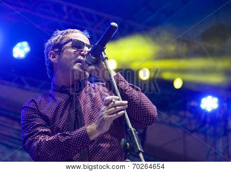 BONTIDA - JUNE 19: The London based Dub Pistols band performs live at Electric Castle Festival at June 19, 2014 in the Banffy castle in Bontida, Romania.