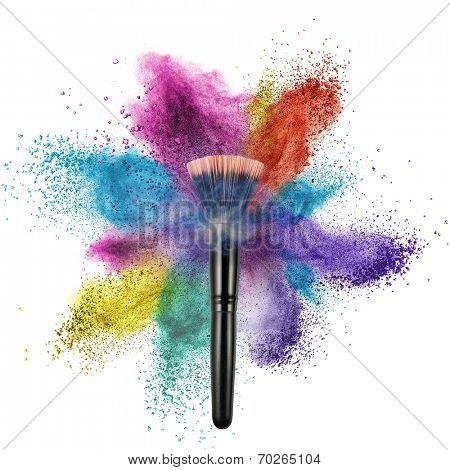 makeup brush with color powder isolated on white background