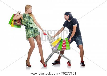 Happy family pair of wife and husband after shopping