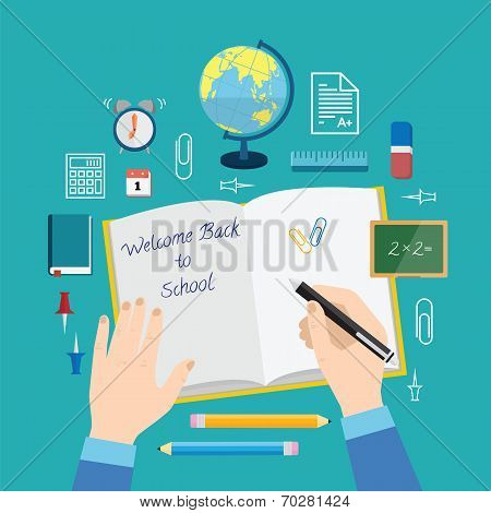 Back to School Flat Style Vector Icon Set Books Pencils Pen and Other Stationary