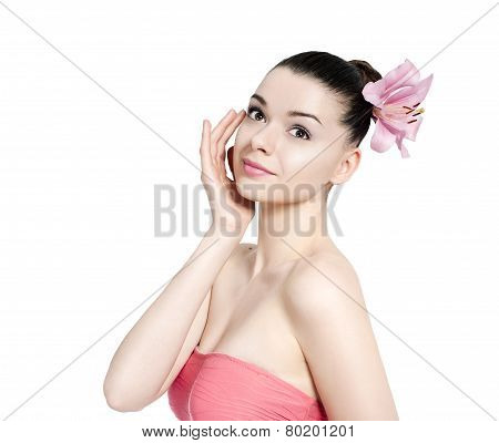 Young Beautiful Brunette Woman With Flower