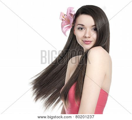 Beautiful Brunette Woman With Flower
