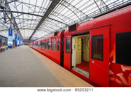MOSCOW - SEP 24: Aeroexpress red train in Sheremetyevo Airport on September 24, 2014 in Moscow. Sheremetyevo International Airport is one of the three major airports that serve Moscow