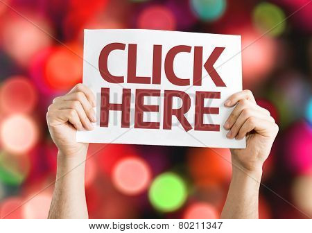Click Here card with colorful background with defocused lights