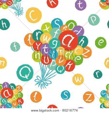 Seamless pattern - funny english alphabet. Hand drawn chalk like letters in colorful air balloons.