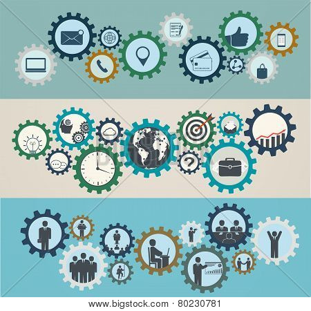 Concept Of Mechanisms With Business Icons, Workforce, Team Working, Business People In Motion, Motiv