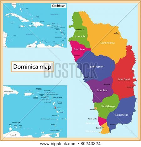 Map of the Commonwealth of Dominica drawn with high detail and accuracy.