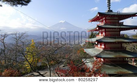 Image Of The Sacred Mountain Of Fuji In The Background Of Blue Sky
