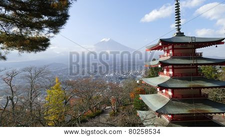Image Of The Sacred Mountain Of Fuji In The Background Of Blue Sky
