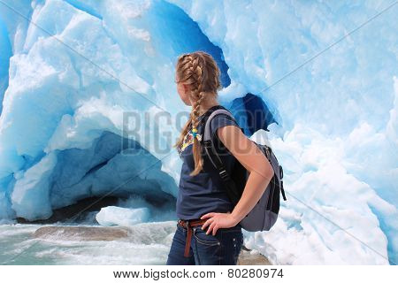 Young woman on the Nigardsbreen, glacier in Norway.