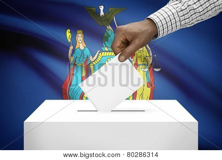 Voting Concept - Ballot Box With Us State Flag On Background - New York