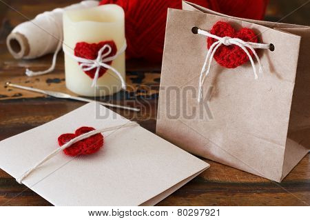 Saint Valentine Decoration: Handmade Crochet Red Heart For Greetings Card, Gift Package And Candle