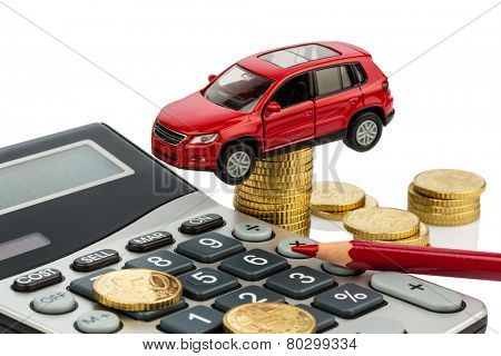 car and calculator. rising costs for car purchase, lease, service, refueling and insurance