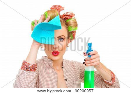 Funny Housewife With Rag / Wipe And Cleaning Spray For Window / Glass. Close Up Of Pin-up Girl Isola
