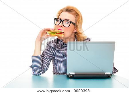 Funny Business Woman Eating Sandwich On Work, Isolatd On White. Studio Shot
