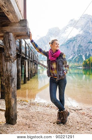 Lake Bries Woman  Resting At Wooden Pier, Relaxing And Smiling