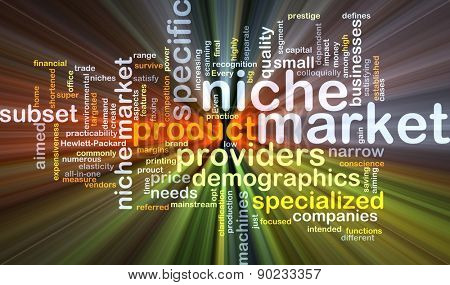 Background concept wordcloud illustration of niche market glowing light