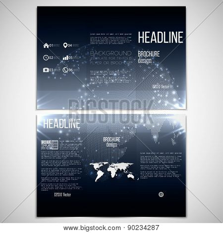 Vector set of tri-fold brochure design template on both sides with world globe element. Abstract fla
