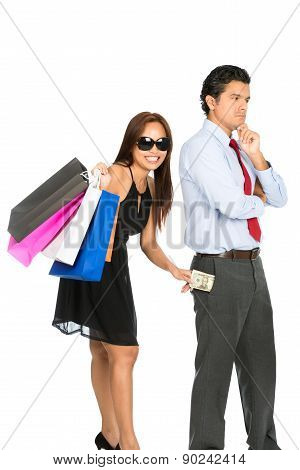 Shopping Smiling Female Removing Money Husband V