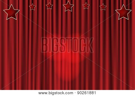 Red Curtain Background With Stars And Spotlights In The Center