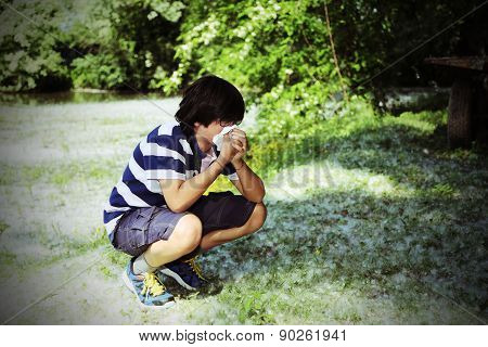 Boy With Pollen Allergy With White Handkerchief