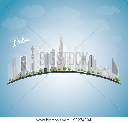 Dubai City skyline with gray skyscrapers, blue sky and copy space. Vector illustration