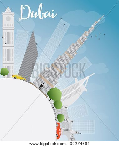Dubai City skyline with gray skyscrapers, blue sky and copy space. Vector illustration